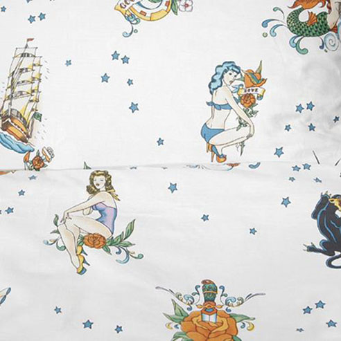 Vintage Flash Tattoo - White by Sin in Linen at Bedding Super Store.com