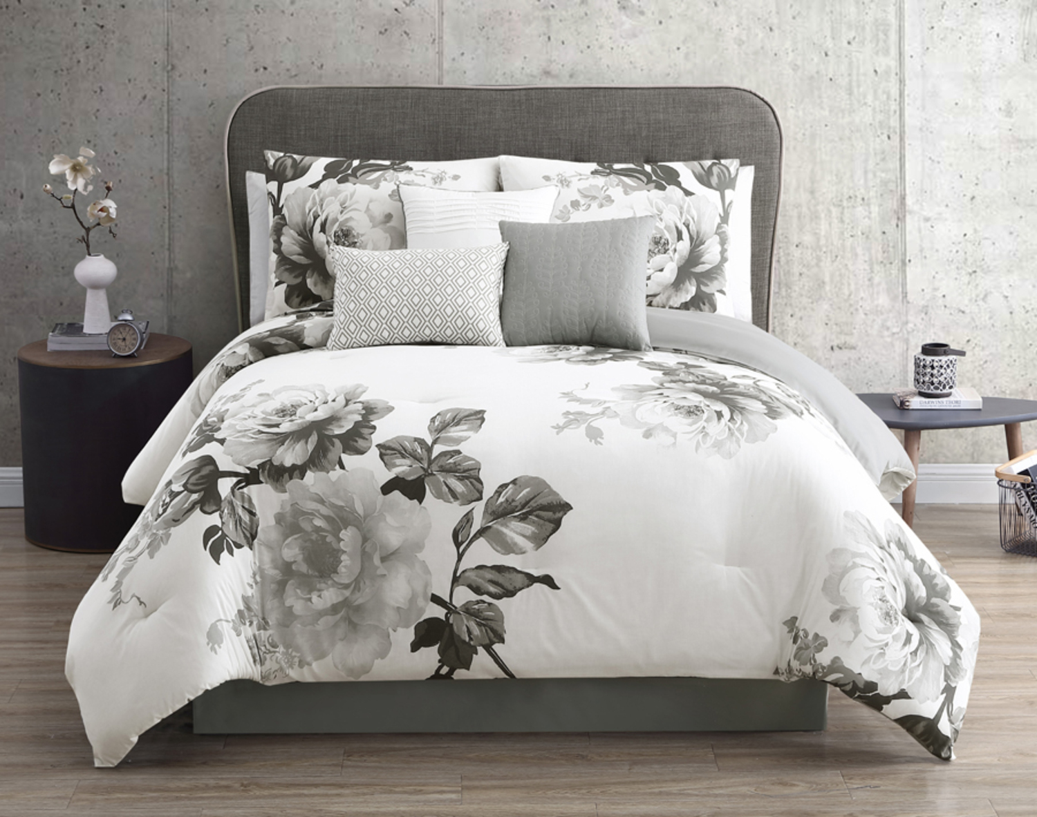 purple and grey bedding